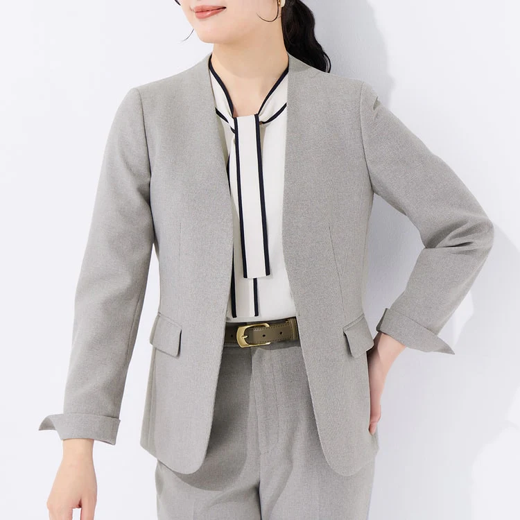 Stretch Melange Collarless Jacket - Light Gray - Image 5
