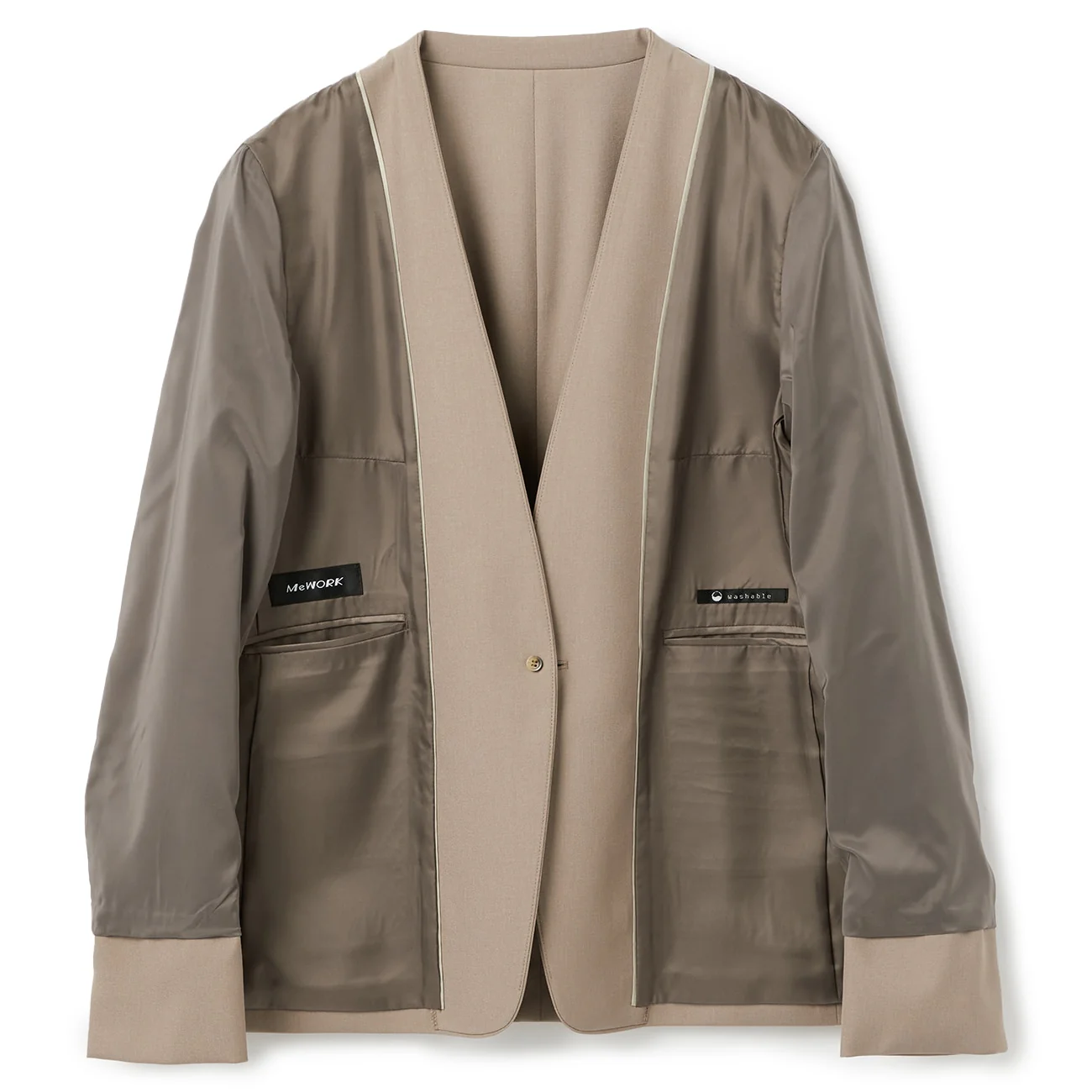 Stretch Bright Twill Collarless Jacket - Beige - Image 13