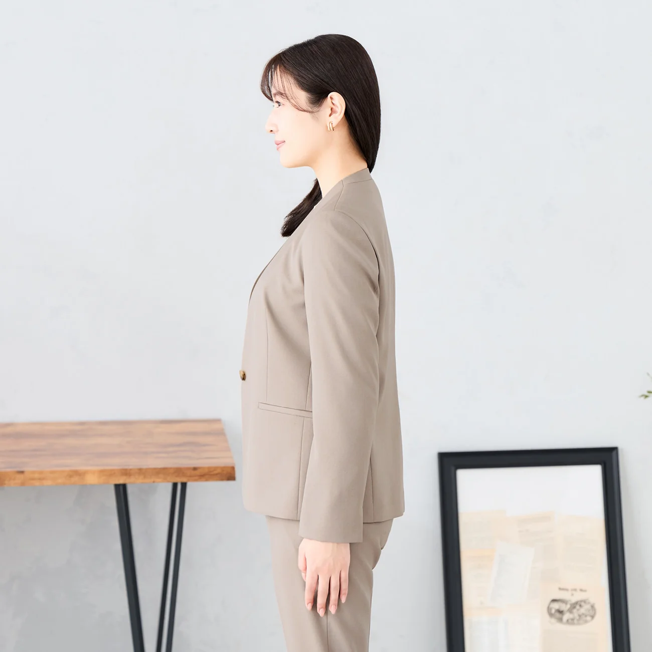 Stretch Bright Twill Collarless Jacket - Beige - Image 3