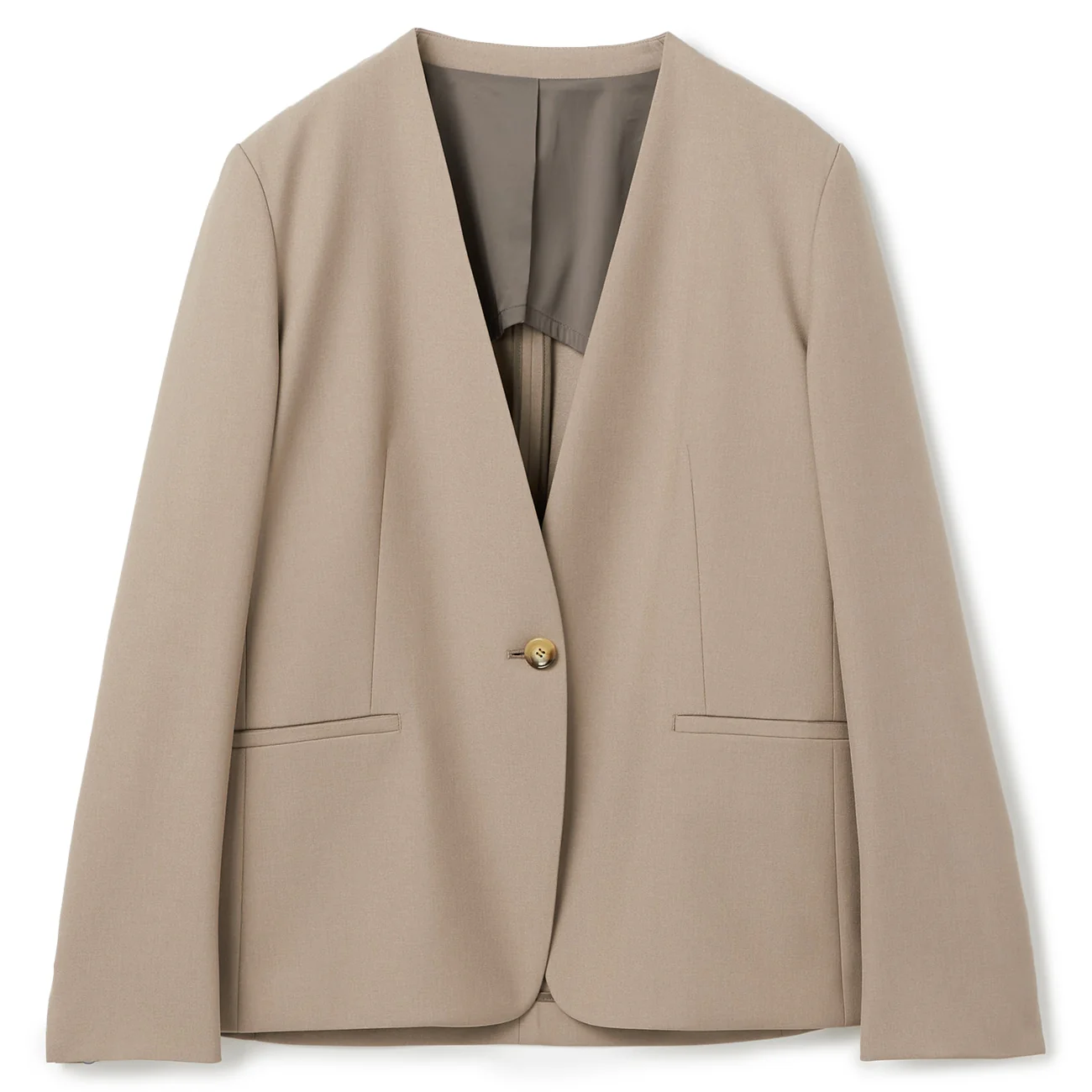 Stretch Bright Twill Collarless Jacket - Beige - Image 7