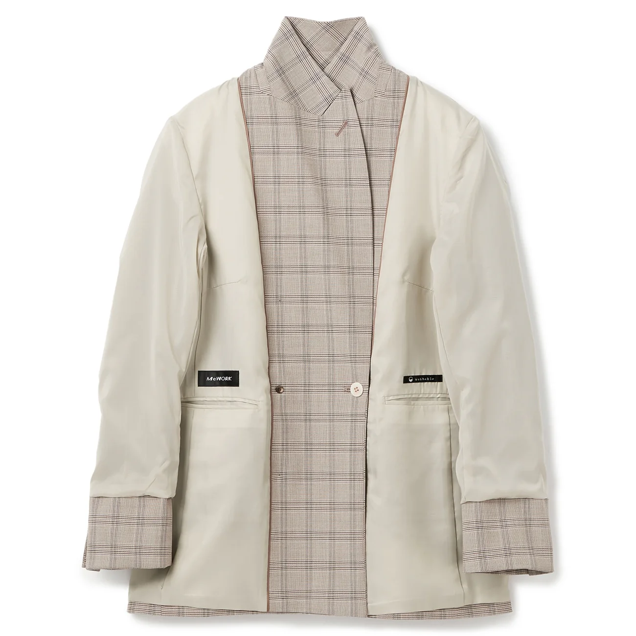 Check Double-Breasted Jacket - Gray Beige - Image 14