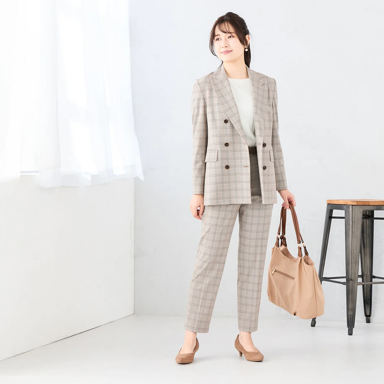 Check Double-Breasted Jacket - Gray Beige - Image 3