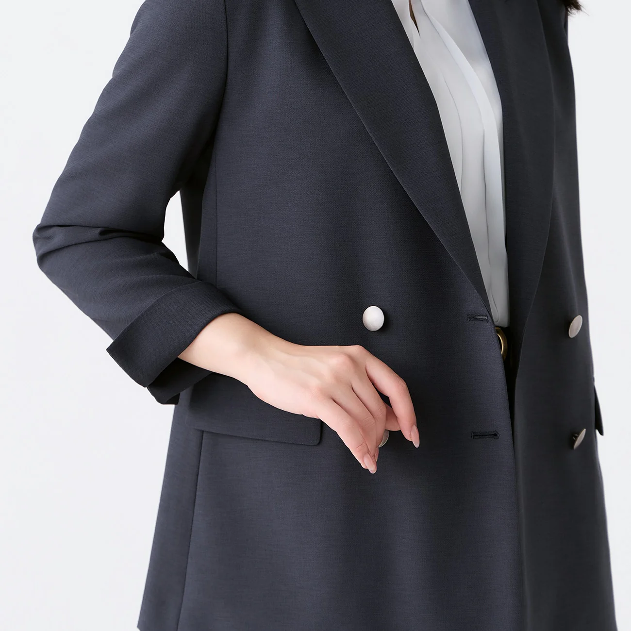 Washable Stretch Linen-Like Double-Breasted Jacket - Navy - Image 7