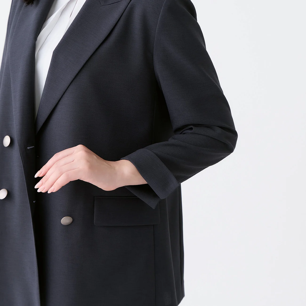 Washable Stretch Linen-Like Double-Breasted Jacket - Navy - Image 9