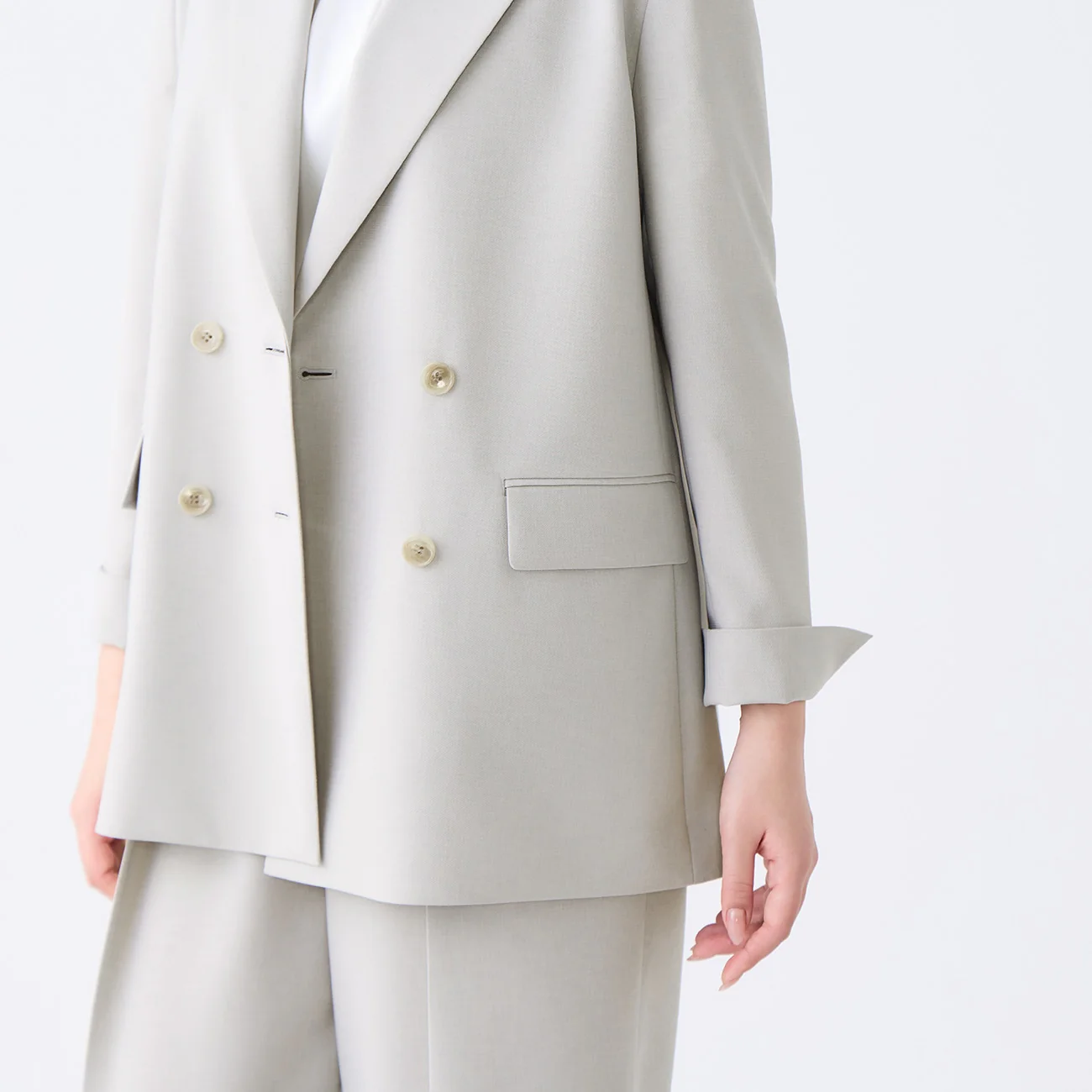 Washable Stretch Linen-Like Double-Breasted Jacket - Light Gray - Image 8