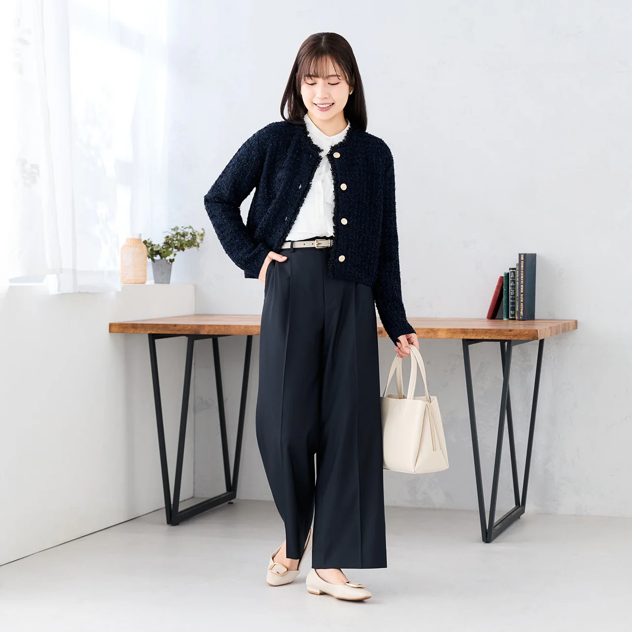 Stretch Bright Twill Wide Pants - Navy - Image 5
