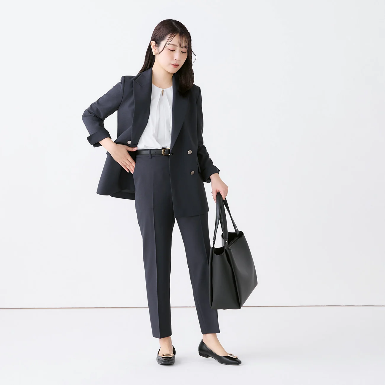 Washable Stretch Linen-Like Straight Pants - Navy - Image 3