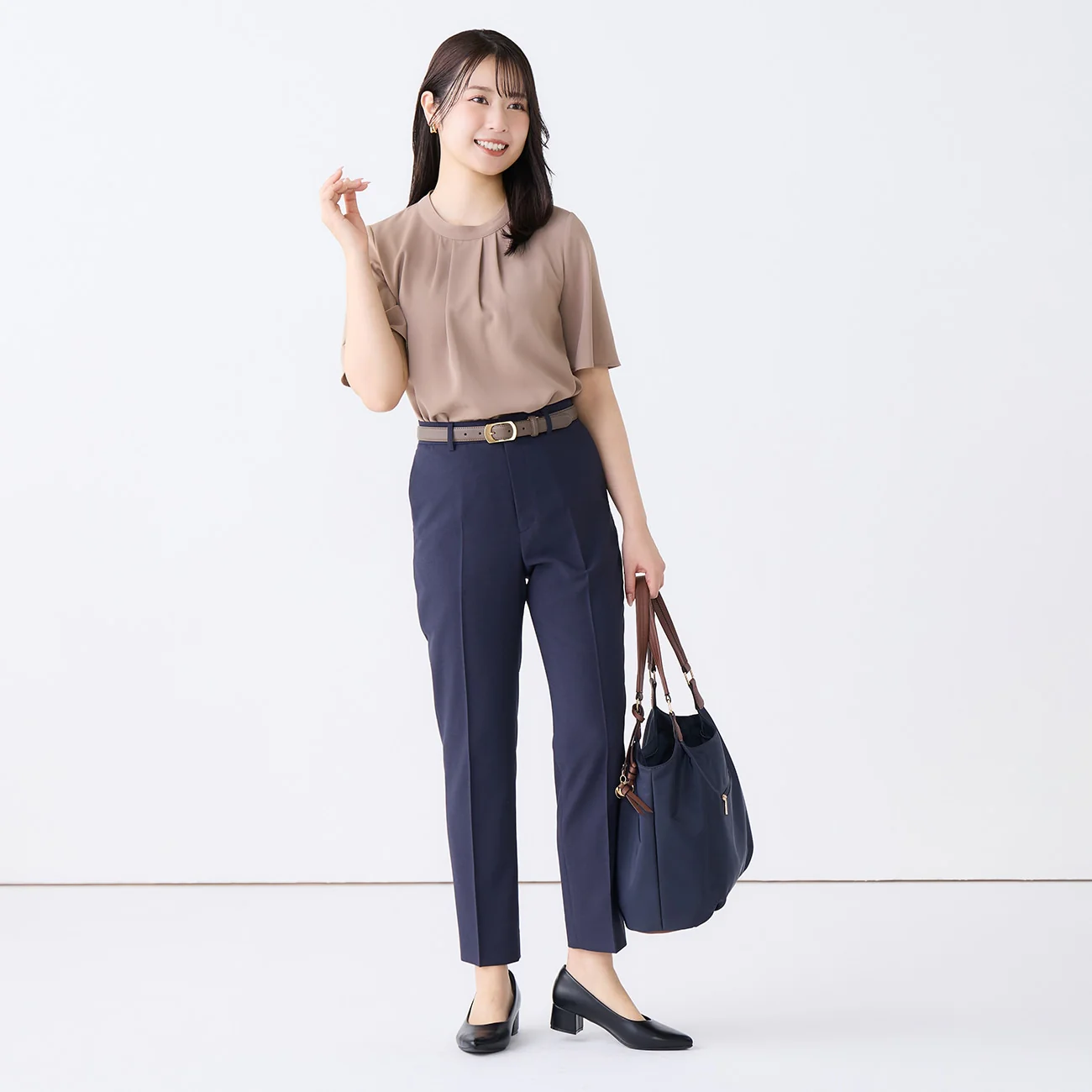 Washable Stretch Linen-Like Straight Pants - Navy - Image 4