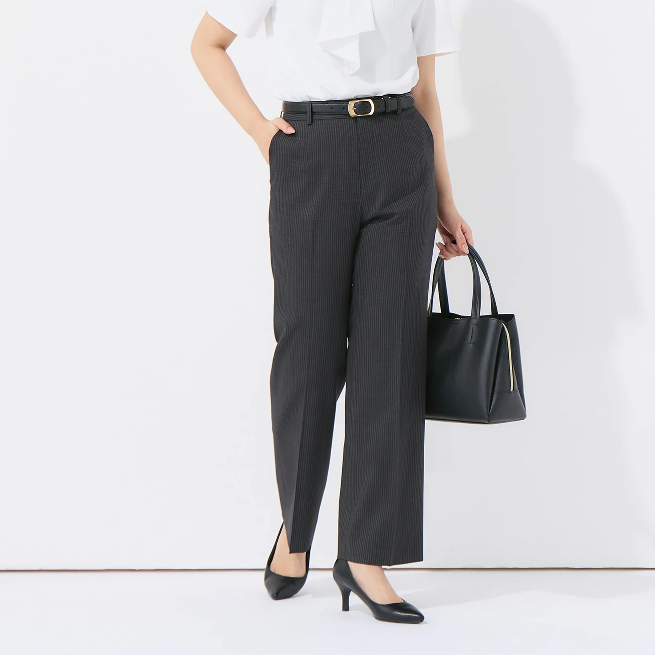 Stretch High-Quality Wool Blend Stripe Wide Pants - Black