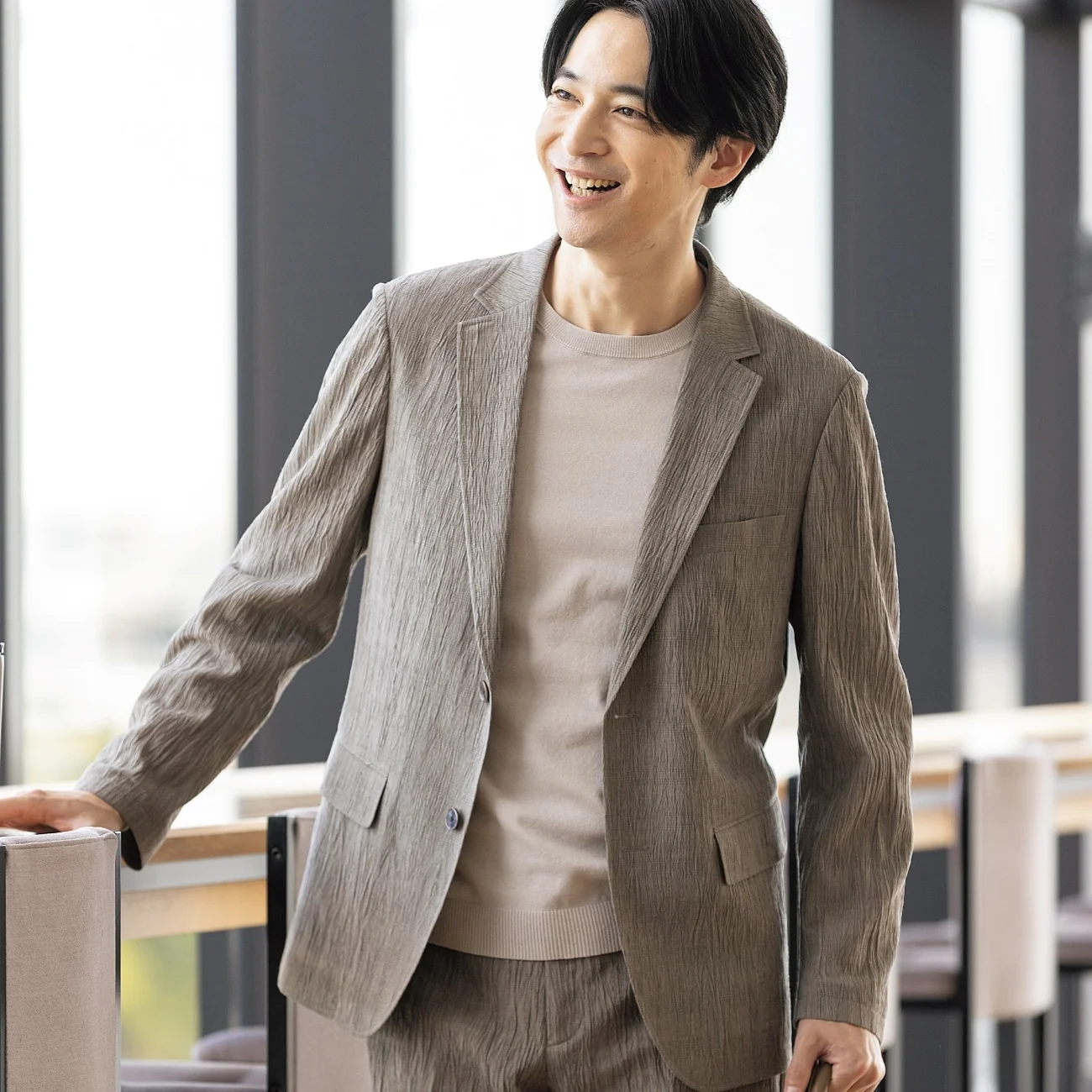 Pajama SUITS Premium SUPER Aircool Washable Stretch Crepe Jacket - Gray Beige