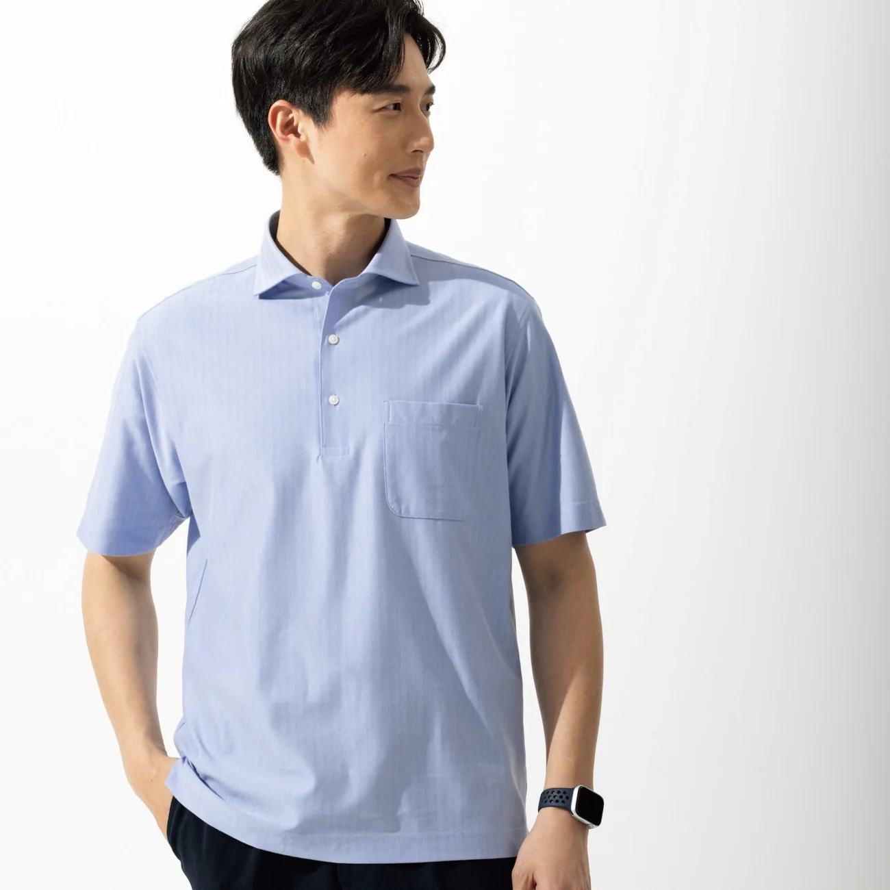 SUPER Aircool Non-Iron Stretch Herringbone Spread Collar Polo Shirt - Image 7