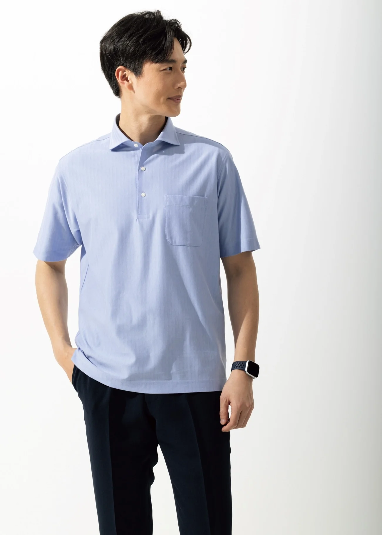 SUPER Aircool Non-Iron Stretch Herringbone Spread Collar Polo Shirt - Image 8