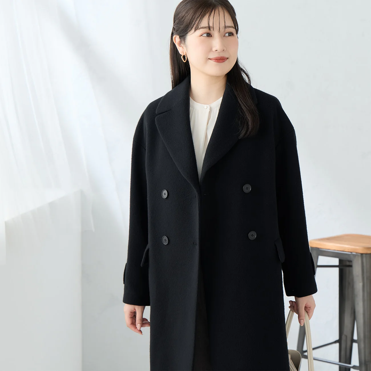 Japanese Fabric Double Breasted Wool Chester Coat - Black