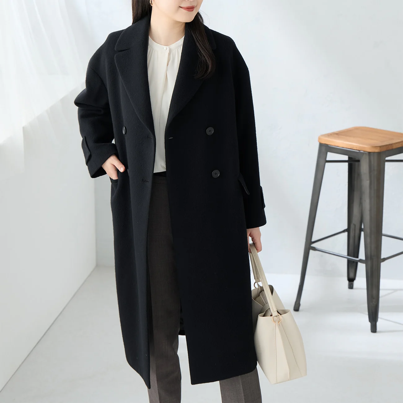 Japanese Fabric Double Breasted Wool Chester Coat - Black - Image 3