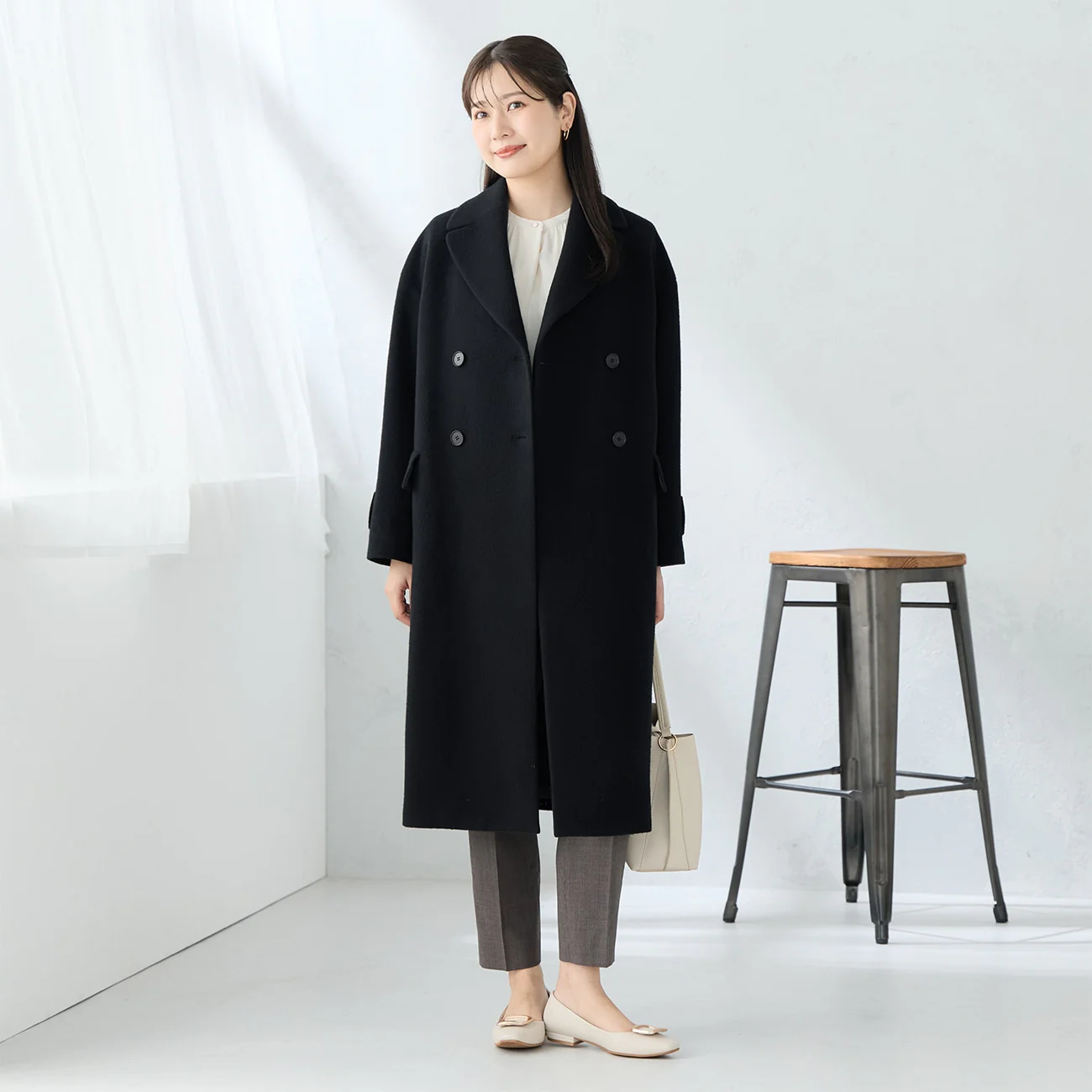 Japanese Fabric Double Breasted Wool Chester Coat - Black - Image 4