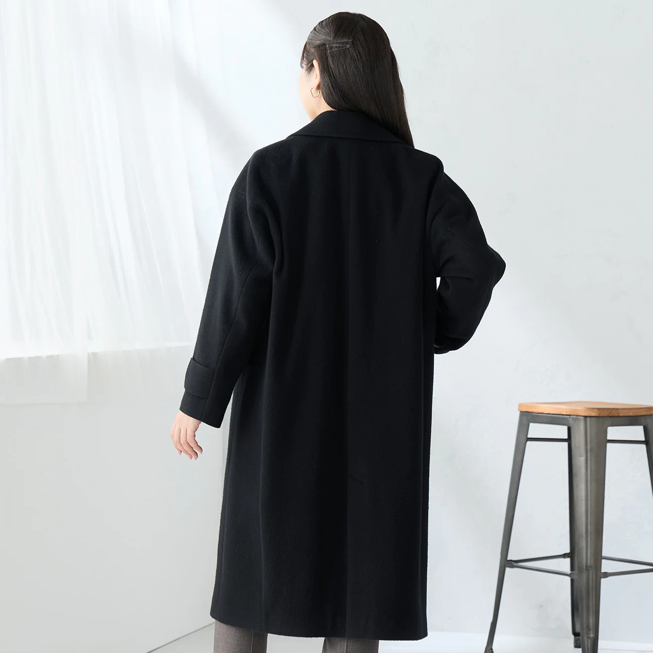 Japanese Fabric Double Breasted Wool Chester Coat - Black - Image 6
