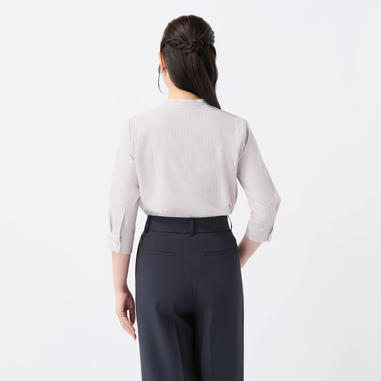 Women's Stripe Narrow Bow Tie Three-Quarter Sleeve Shirt - Beige - Image 5