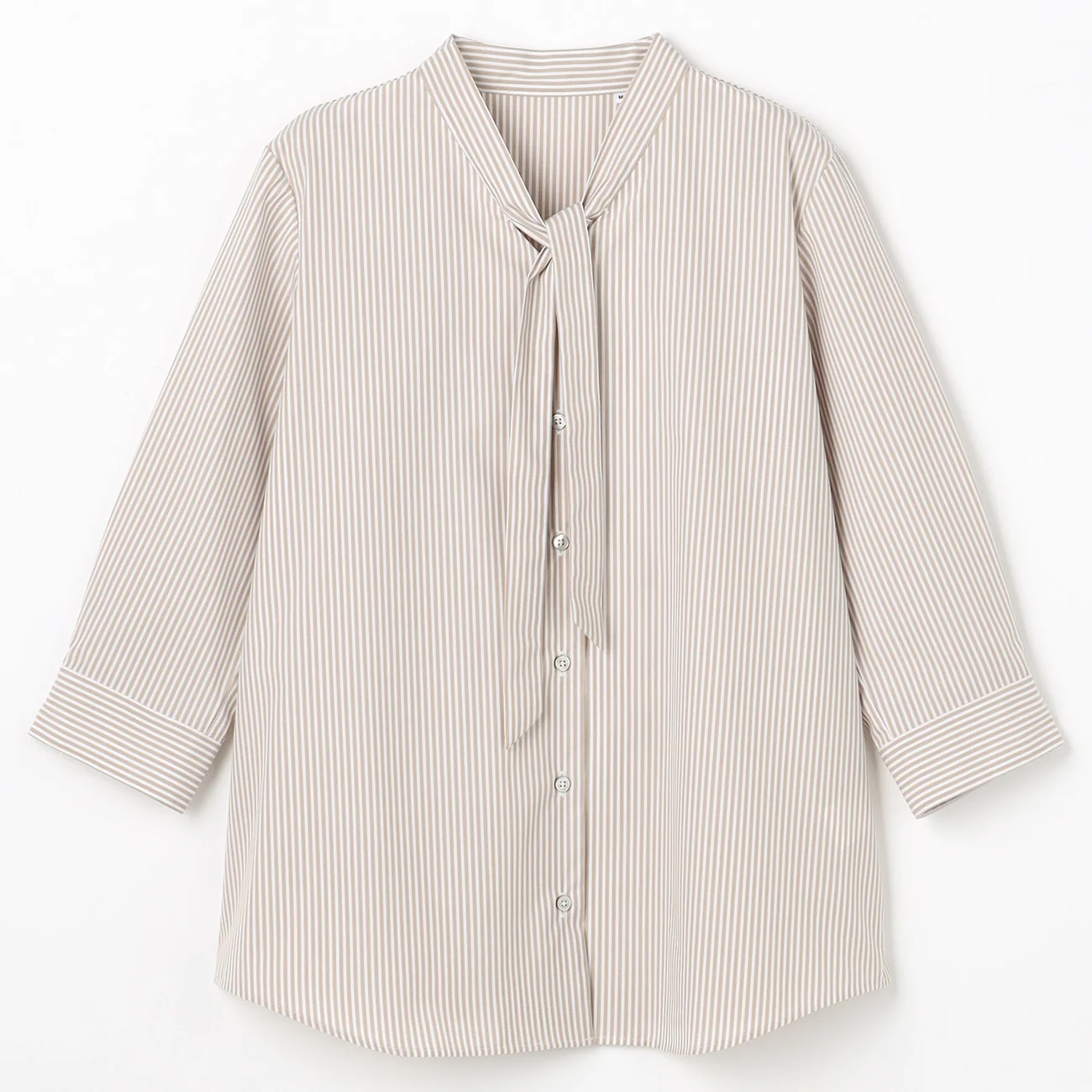 Women's Stripe Narrow Bow Tie Three-Quarter Sleeve Shirt - Beige - Image 7