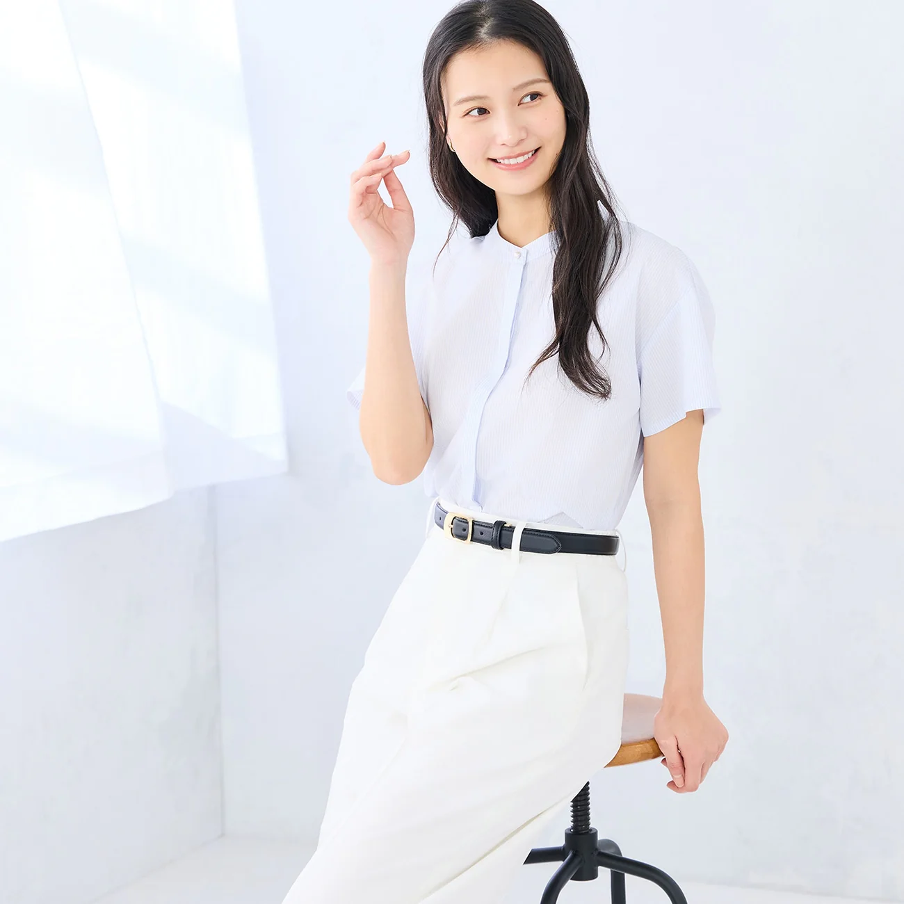 Women's Bamboo Rayon Short Sleeve Band Collar Shirt - Blue