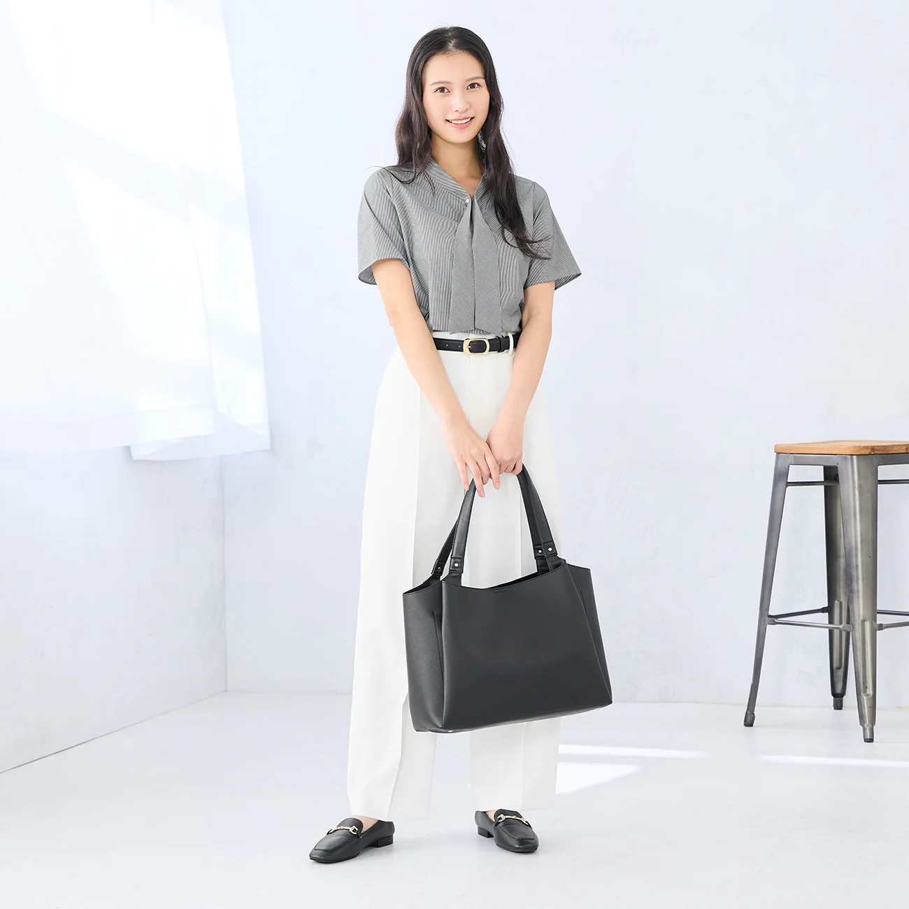 Women's Bamboo Rayon Striped Short Sleeve Bow Tie Shirt - Gray - Image 2
