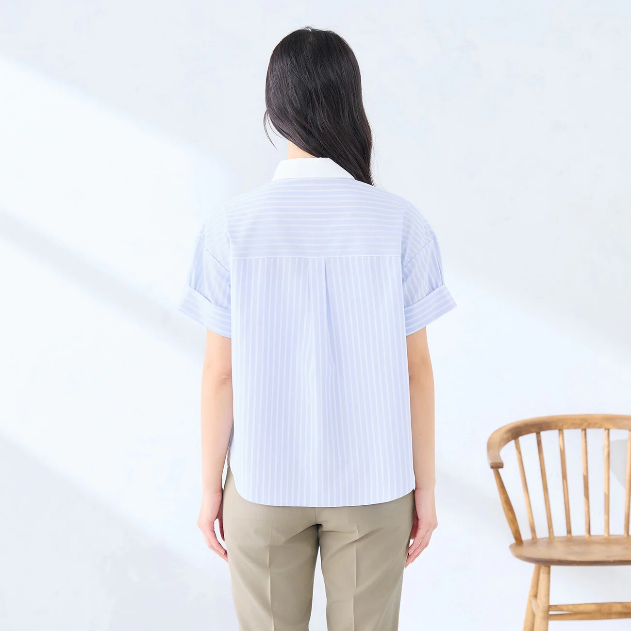 Women's Bamboo Rayon Striped Short Sleeve Contrast Collar Shirt - Blue - Image 4