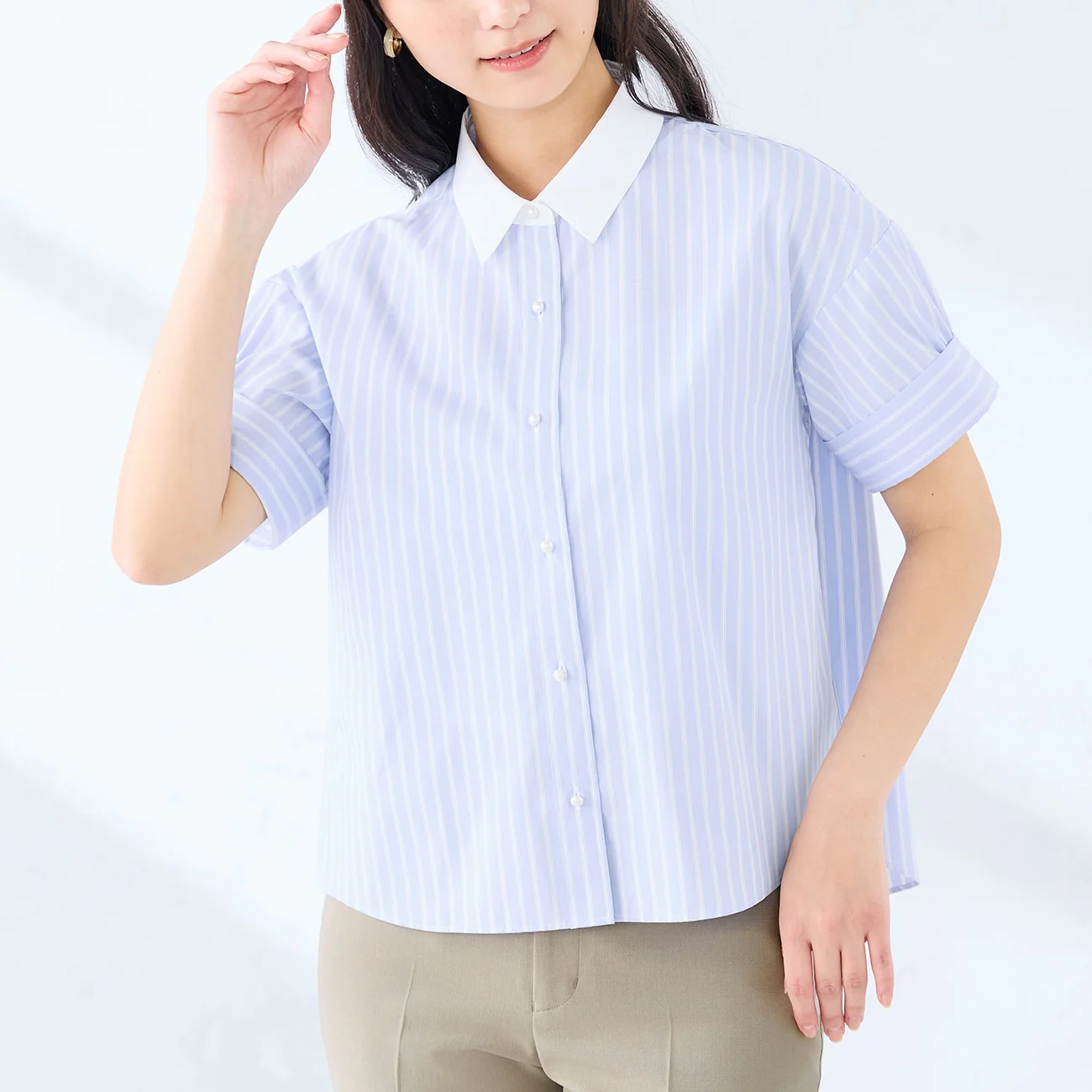 Women's Bamboo Rayon Striped Short Sleeve Contrast Collar Shirt - Blue - Image 5