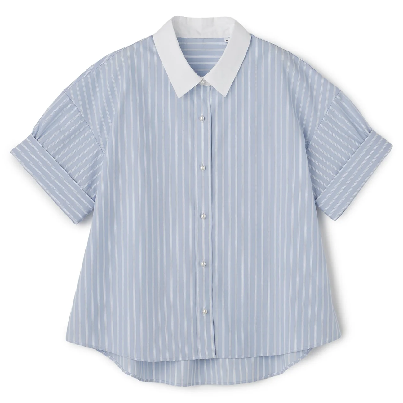 Women's Bamboo Rayon Striped Short Sleeve Contrast Collar Shirt - Blue - Image 6