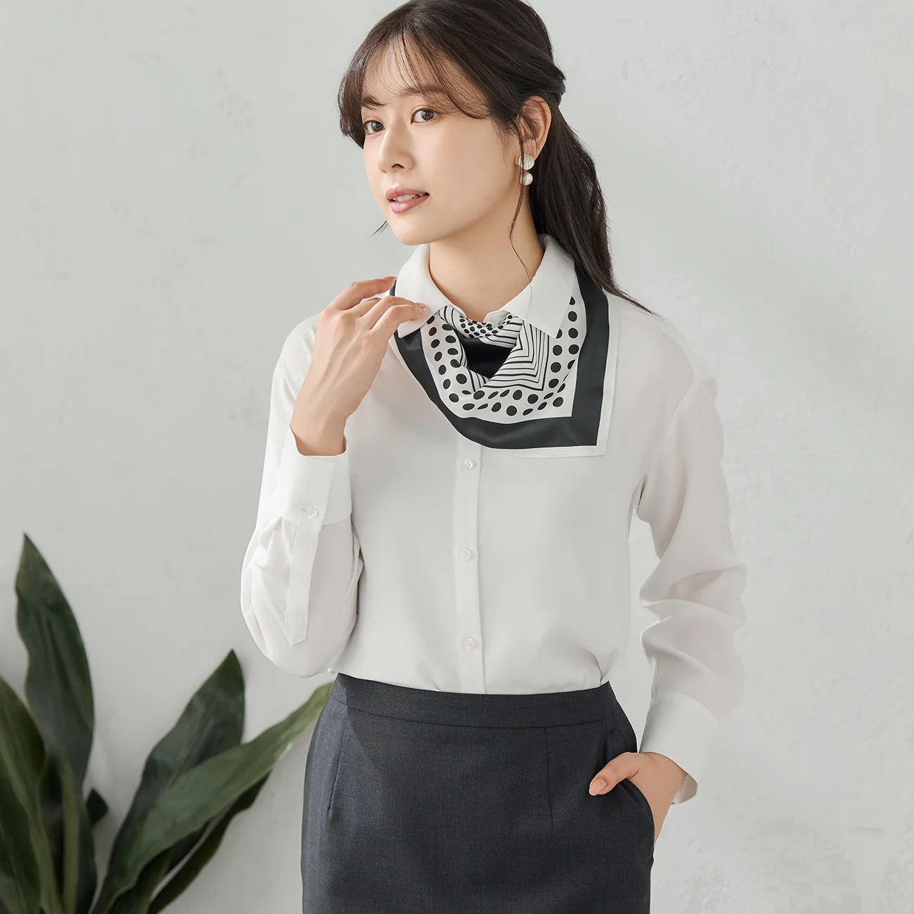 Collared Blouse with Scarf - White