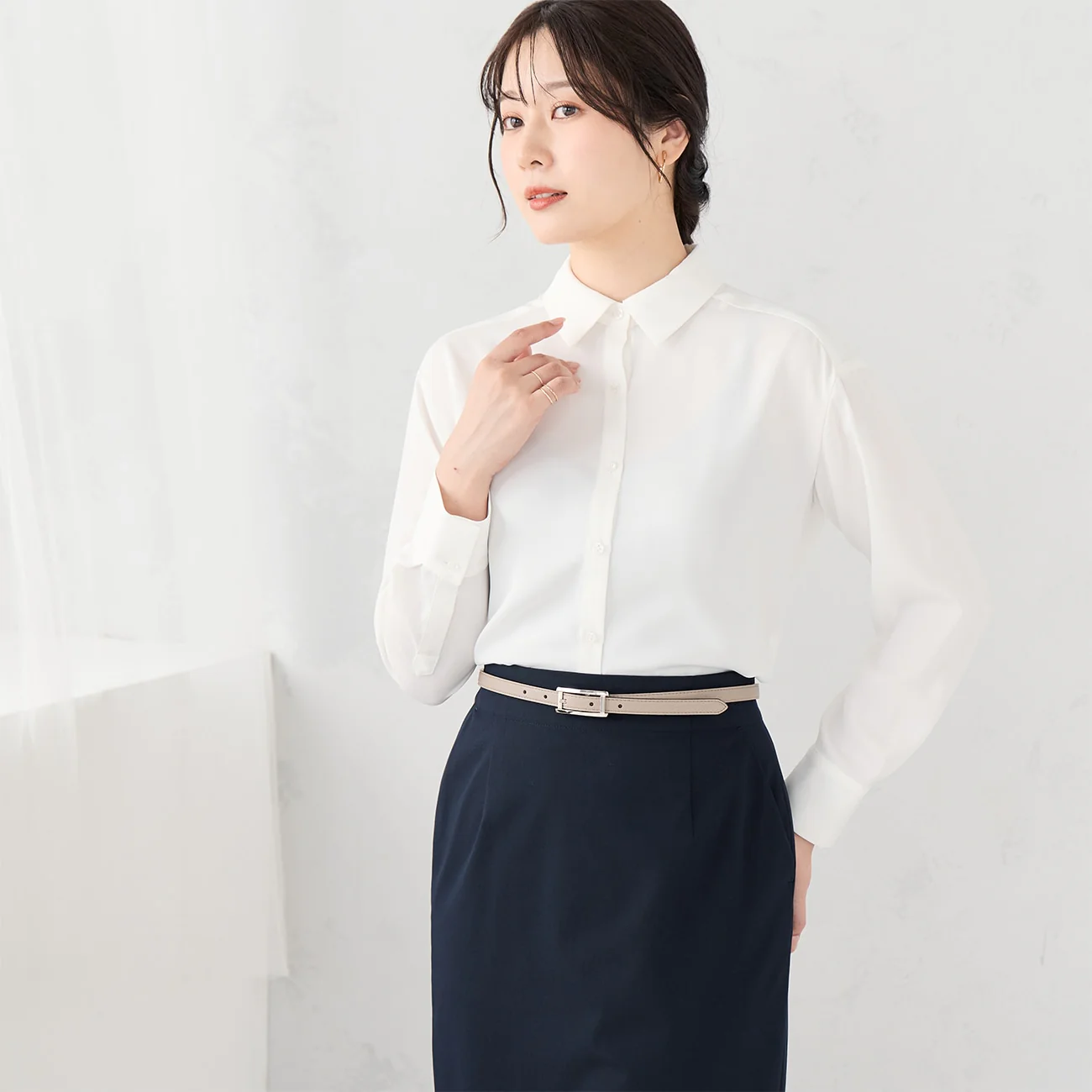 Collared Blouse with Scarf - White - Image 2