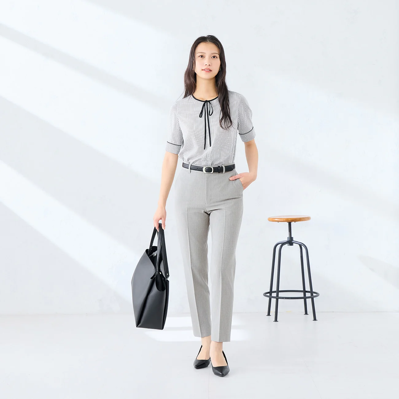 Short Sleeve Narrow Bow Tie Stripe Blouse - Image 13
