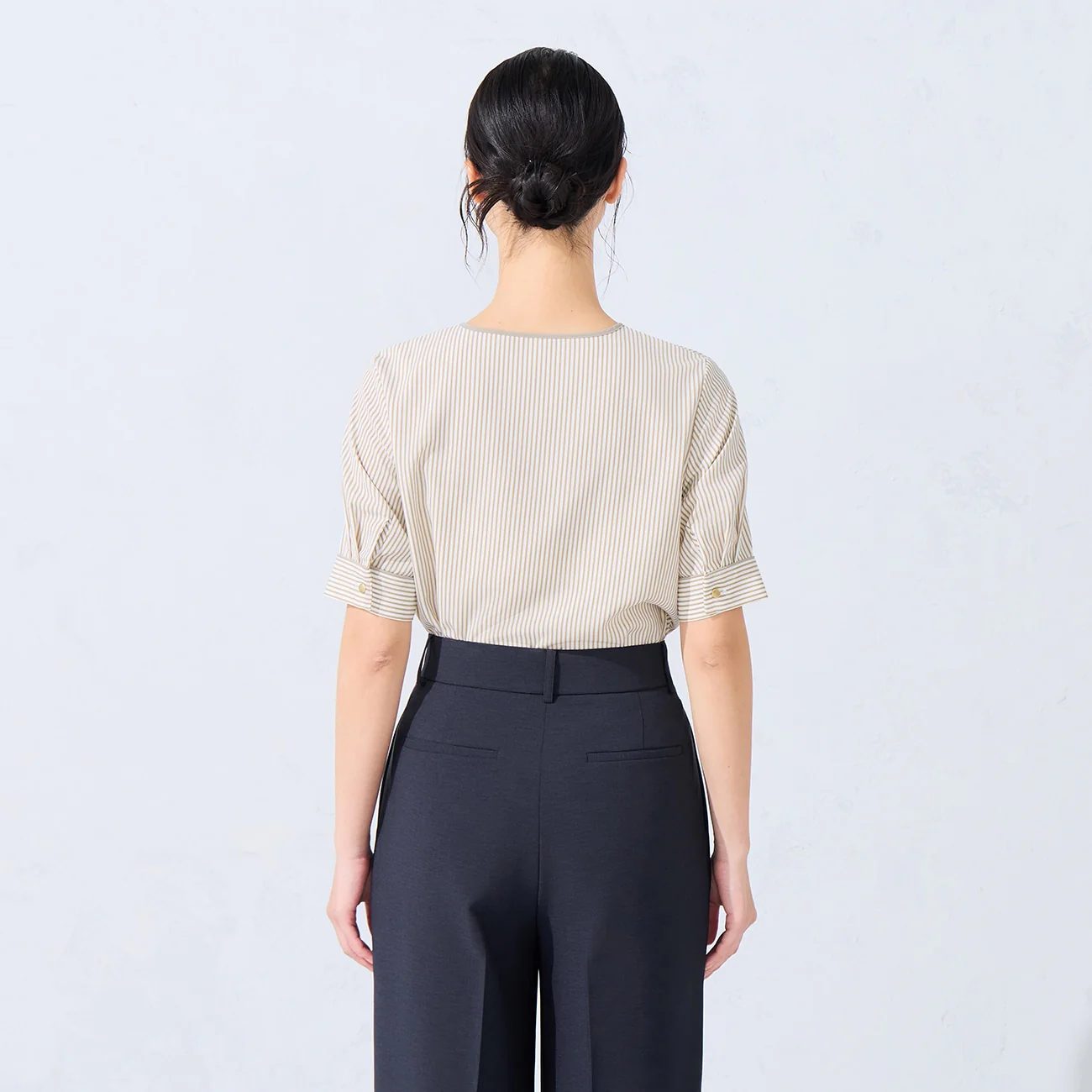 Short Sleeve Narrow Bow Tie Stripe Blouse - Image 4