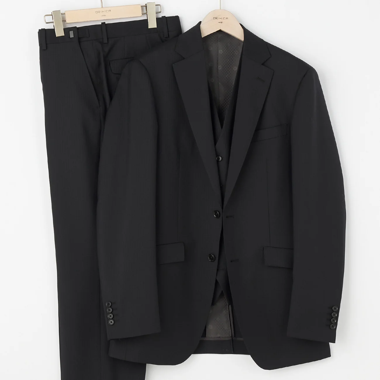 Japanese Fabric Wool Blend Reversible 3-Piece Suit with Adjuster - Black