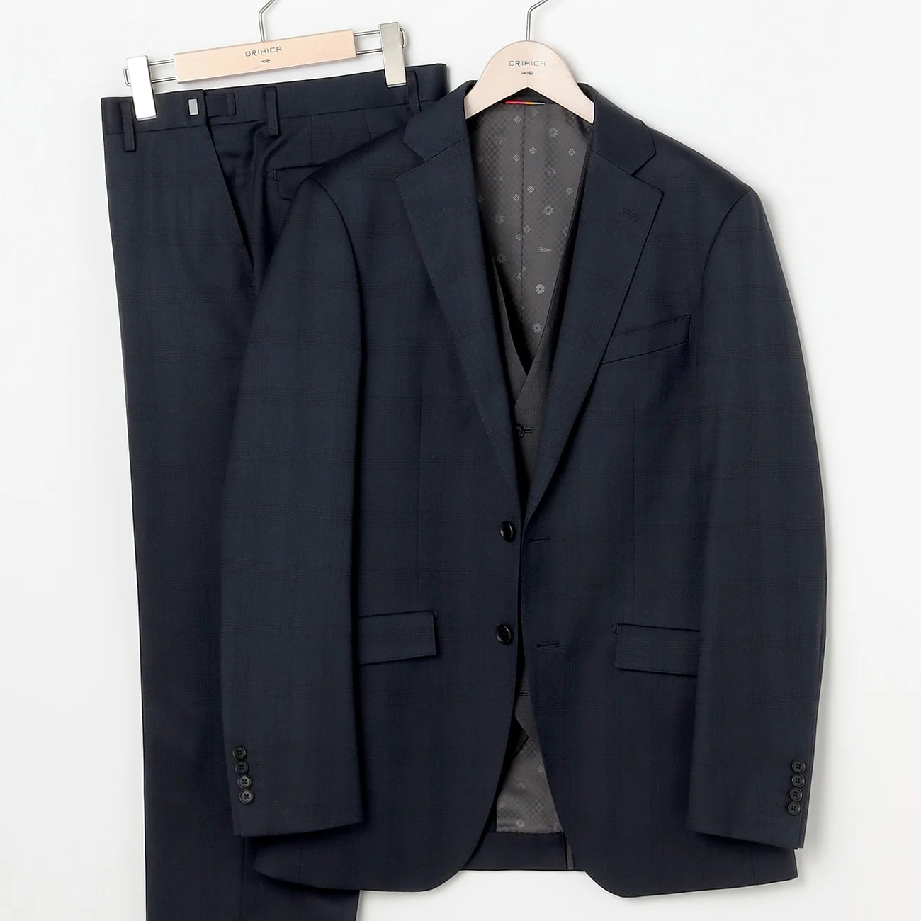 Check Wool Blend 3-Piece Suit with Side Adjuster - Navy - Image 2