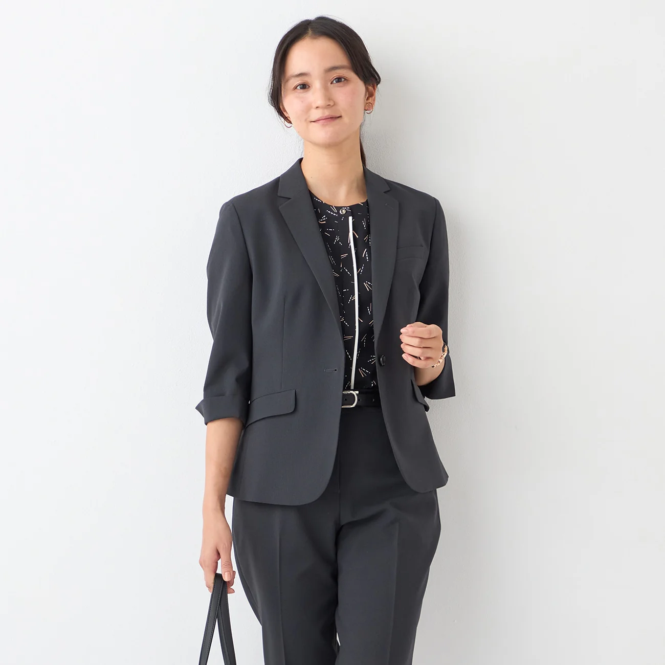 Washable Stretch Three-Quarter Sleeve Houndstooth Jacket - Charcoal Gray - Image 16