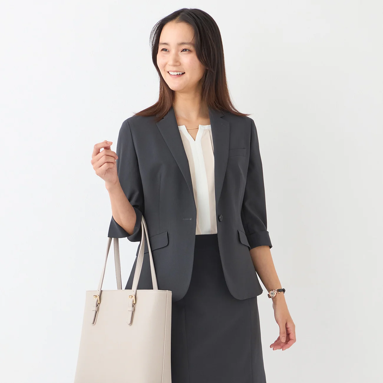 Washable Stretch Three-Quarter Sleeve Houndstooth Jacket - Charcoal Gray - Image 2