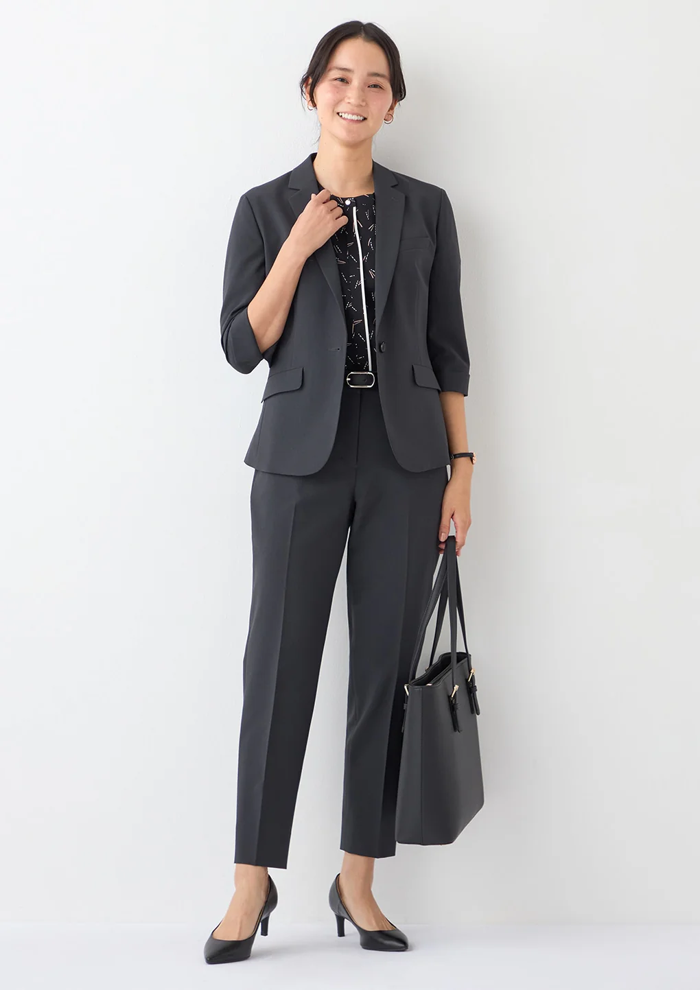 Washable Stretch Three-Quarter Sleeve Houndstooth Jacket - Charcoal Gray - Image 28