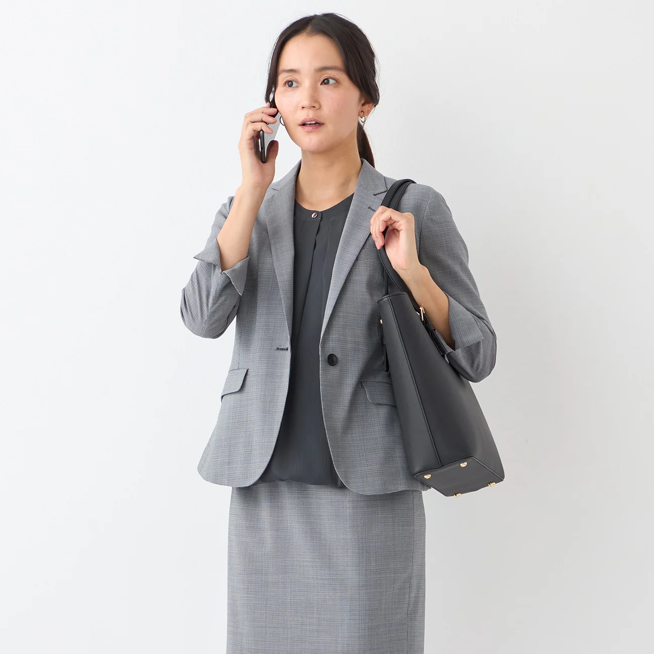 High-breathability Washable Stretch Cropped Sleeve Houndstooth Jacket - Blue - Image 14