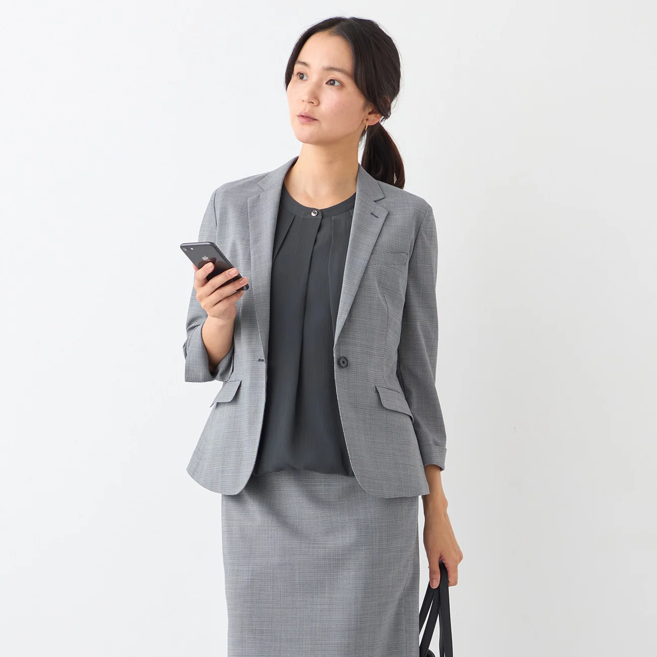 High-breathability Washable Stretch Cropped Sleeve Houndstooth Jacket - Blue - Image 16