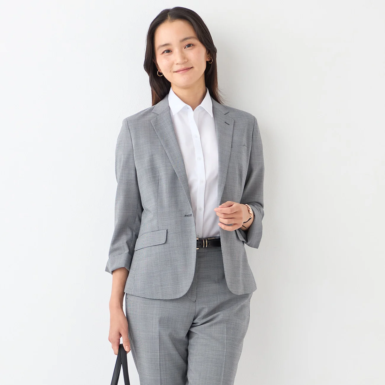 High-breathability Washable Stretch Cropped Sleeve Houndstooth Jacket - Blue - Image 2