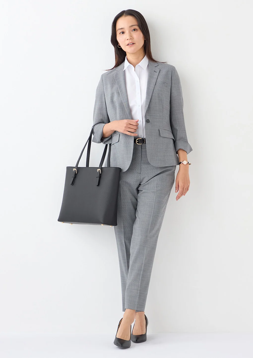 High-breathability Washable Stretch Cropped Sleeve Houndstooth Jacket - Blue - Image 29