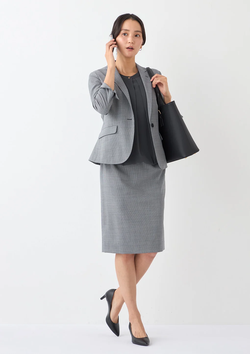High-breathability Washable Stretch Cropped Sleeve Houndstooth Jacket - Blue - Image 30
