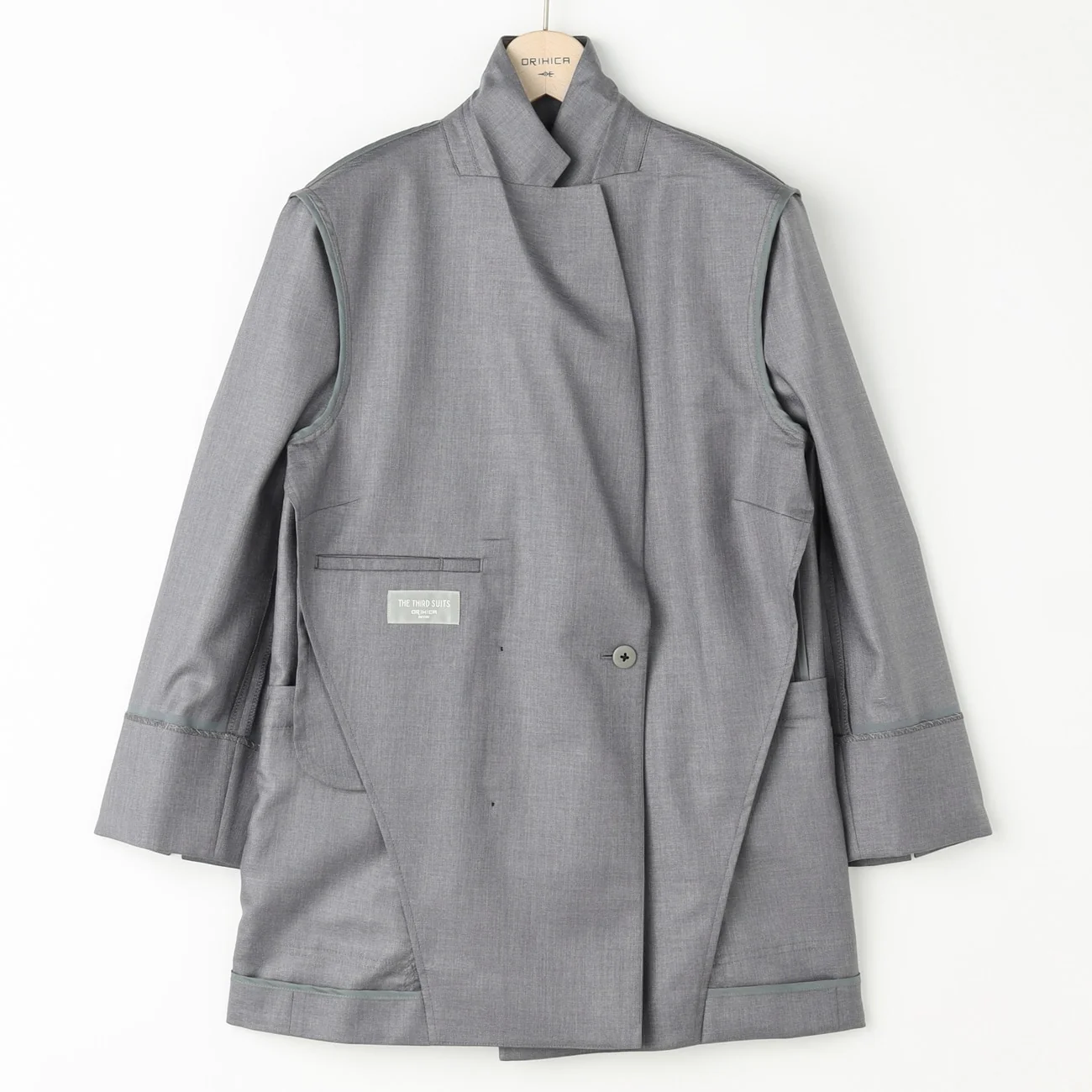 THE THIRD SUITS Linen-Like Cropped Sleeve Double-Breasted Jacket - Medium Gray - Image 15