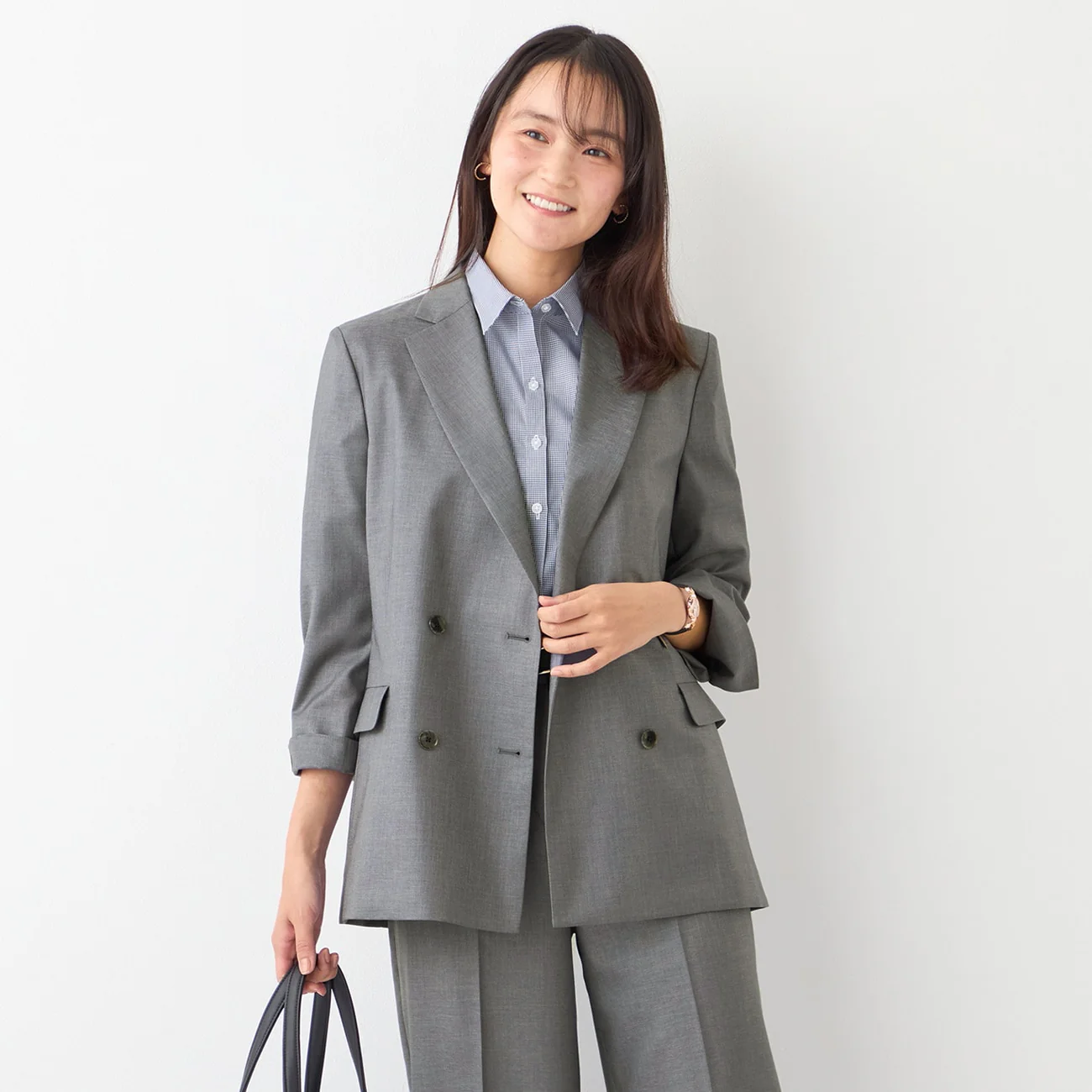 THE THIRD SUITS Linen-Like Cropped Sleeve Double-Breasted Jacket - Medium Gray - Image 2
