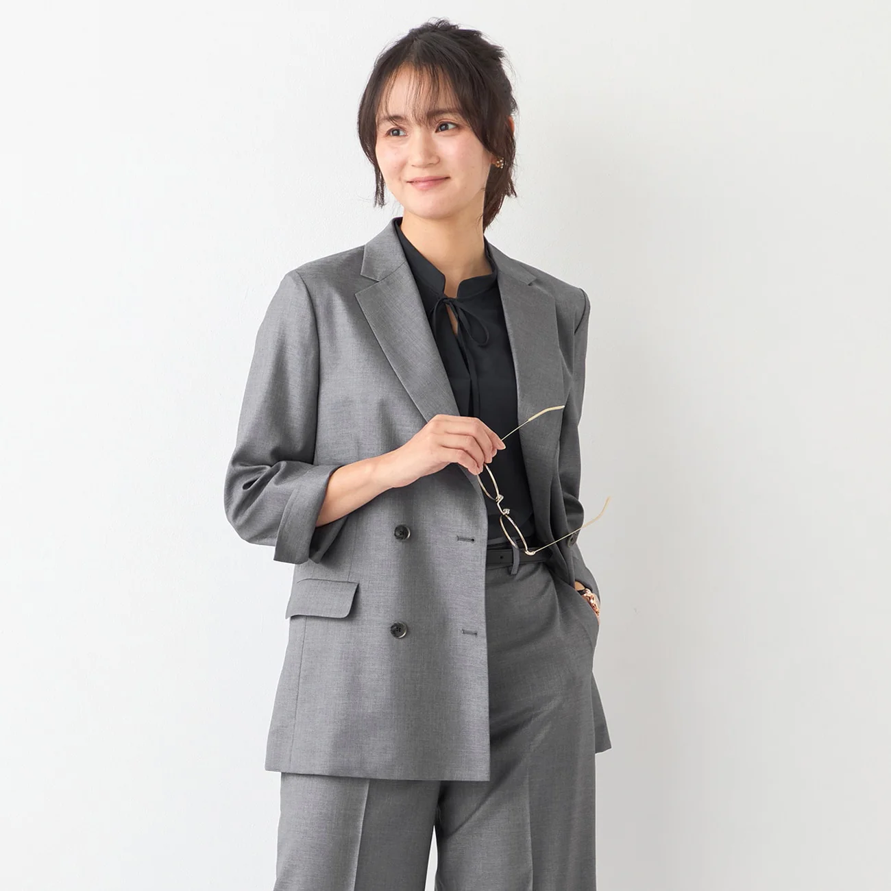 THE THIRD SUITS Linen-Like Cropped Sleeve Double-Breasted Jacket - Medium Gray - Image 7