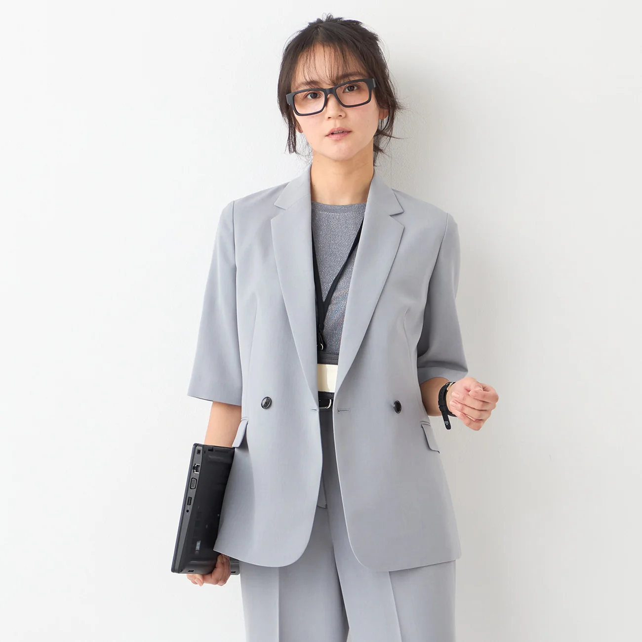 THE THIRD SUITS Washable Cool Touch Half Sleeve Double-Breasted Jacket - Light Gray