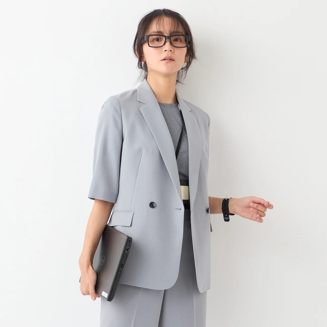 THE THIRD SUITS Washable Cool Touch Half Sleeve Double-Breasted Jacket - Light Gray - Image 3