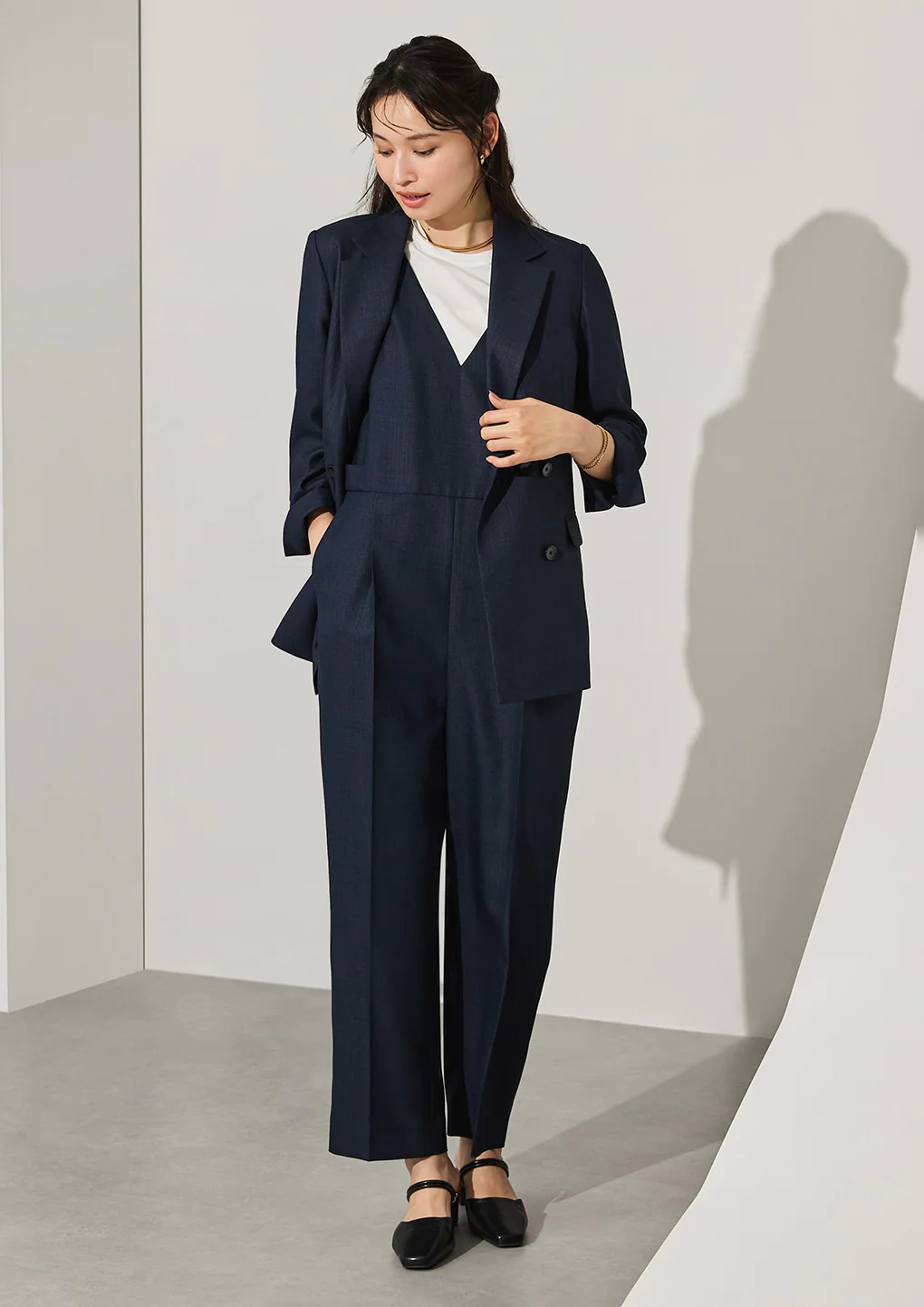 THE THIRD SUITS Linen-Like Cropped Sleeve Double-Breasted Jacket - Navy - Image 30