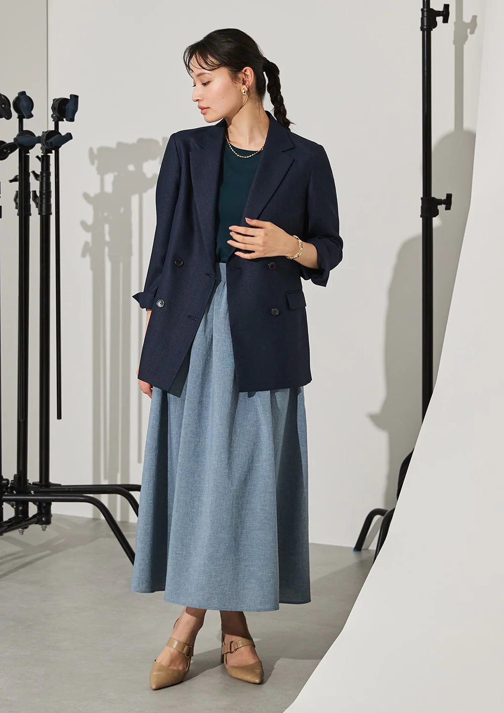 THE THIRD SUITS Linen-Like Cropped Sleeve Double-Breasted Jacket - Navy - Image 31