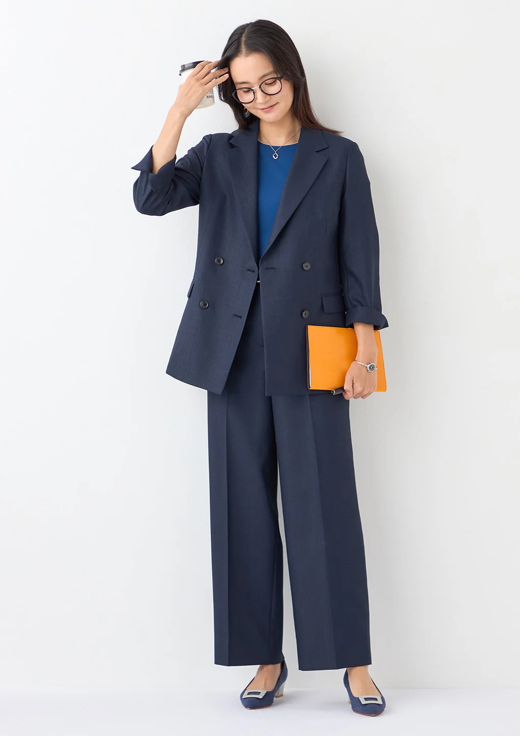 THE THIRD SUITS Linen-Like Cropped Sleeve Double-Breasted Jacket - Navy - Image 35
