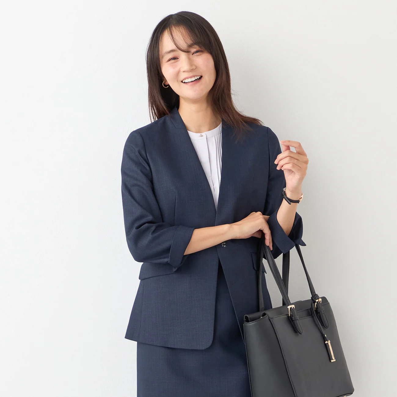 THE THIRD SUITS Linen-Like Cropped Sleeve Collarless Jacket - Navy - Image 14